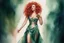 Placeholder: full figure, red curly hair upswept gorgeous singer on a stage in front of a microphone, sleeveless rose gold shiny silk long dress, the dress goes down to bluish green, photorealistic watercolour