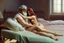 Placeholder: colourful digital painting of beautiful aphrodite full body embracing old man on beds, by michaelangelo