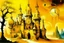 Placeholder: A golden yellow glowing castle with clocks painted by Salvador Dali