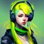 Placeholder: a beautiful girl with green to yellow hair, wearing headphones, digital art, masterpiece, trending on artstation