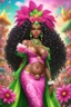 Placeholder: Create a digital airbrush cartoon of a curvy African American female wearing Brazilian carnaval outfit outfit that's pink, green and white. Prominent make up with hazel eyes. Highly detailed very long extremely curly black hair. Her skin is smooth and silky. Background of a judge full of colorful flowers