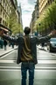 Placeholder: un hombre con los brazos abiertos en una calle de una ciudad. Primer plano, fotografía realizada con cámara Leica y objetivo de 50 mm. fotografía en color. Colores alegres