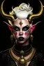 Placeholder: A young tiefling woman with a set of ram horns on her head encrusted with jewels, White-Blonde, short hair, black eyes, no pupils, dressed in black with lots of jewelry, beautiful, satanic tattoos on her neck, she looks evil