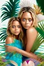 Placeholder: ((Mary-Kate and Ashley Olsen a warm hug)),Nestled against the backdrop of swaying palms and colorful tropical flora, the woman embodies an idyllic vision of seaside repose. Seashells and small pebbles create a delicate mosaic at the base of her lounger, mirroring the natural beauty surrounding her. A subtle fragrance of salt and coconut oil lingers in the air, enhancing the sensory tapestry of the scene.