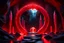 Placeholder: Dark Crimson Circular Arch made of Crystals Glowing with red forming a large gate, Dark Cavern backlit with red light, A dark sphere of Crystal Floating at its center, Dark stone temple,