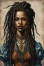 Placeholder: full body colored etching of an ornately dressed, malevolent, predatory vampire buccaneer girl from the French West Indies with highly detailed beaded dreadlock hair and facial features ,in the style of Rembrandt, Gian Lorenzo Bernini, and Johannes Vermeer, with a fine art aesthetic, highly detailed , realistic , 4k UHD