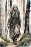 Placeholder: ink wash and watercolor illustration of an ancient grizzled, gnarled female vagabond wanderer, long, grey hair streaked with black, highly detailed facial features, sharp cheekbones. Her eyes are black. She wears weathered roughspun Celtic clothes, emaciated and tall, with pale skin, full body , thigh high leather boots within a forest of massive ancient oak trees in the comic book style of Bill Sienkiewicz and Jean Giraud Moebius , realistic dramatic natural lighting