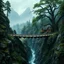 Placeholder: 1 massive squat wooden bridge connects the over two gorge, between two tall rocky shores, sprawling, tall alien trees on both shores, log wooden houses in the distance in the background, rainy landscape, lush vegetation, massive trees,, high detailed, fantasy, cinematic