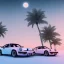 Placeholder: 1980's aesthetic vaporwave palm trees with lighting with moon with porsche in the winter snow