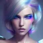 Placeholder: A beautiful portrait of a cute cyberpunk woman long blond hair, pink lips, blue eyes, high key lighting, volumetric light high details with luminous blue and white stripes and feathers