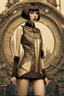 Placeholder: full body picture of a skinny woman with a bob, a fringe hairstyle, 1920s flapper clothing, futuristic steampunk city background