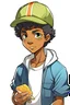 Placeholder: cute anime style african american guy with short curly hair on top of head, long oval face, holding baguette, wearing ash ketchum style cap