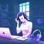 Placeholder: a side view of a beautiful girl sitting on her desktop writing something, headphones on, hand on her chin, nightlamp, digital art, anime, studio ghibli style, window and city background, portrait