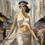 Placeholder: [Part of the series by Antonio Sant'Elia] In a bustling city, a woman resembling Athena emerges, exuding wisdom and strength.