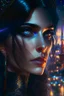 Placeholder: close up portrait of beautiful futuristic gothic biolumiscent italian girl, dark hair , breathtaking view on town, pure black, lovely place, evening, lights, candles, sparkles, breathtaking view, alluring, Royo, detailed, masterpiec detailed painting Unreal Engine