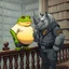 Placeholder: close up anime illustration very fat yellow and green color big anthropomorphic frog in simple t-shirt and pants stands and elbowing on an old wooden railing next to each other and talking with a strong gray anthropomorphic rhinoceros without horns in modern security guard clothes, they talking and elbowing on an old wooden railing next to each other, in background a bibliothek with tall book shelves, detailed sci-fi, fantasy mood