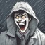 Placeholder: a closeup of a psychopathic young man with white eyes in a heavy coat during a rainstorm laughing cartoon