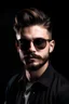 Placeholder: Close up portrait of a handsome confident stylish hipster man on a dark solid background wearing sunglasses