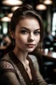 Placeholder: a young and beautiful girl in her early 20's with an amative appeal sitting in a cafe, posing for camera, make up, fashionable, glamorous, ravishing beauty, very cute face, detailed and intricate persona, shot with Canon EOS 5D Mark IV, detailed face, detailed hair