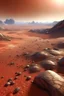 Placeholder: Imagen desde arriba de cerca de la superficie de un planeta desconocido, se puede apreciar el paisaje desértico color rojo, clima seco, con algunas elevaciones rocosas y lagos humeantes, entre rocas grandes dinosaurios y vegetación parecida a la que hay en los desiertos en el planeta tierra