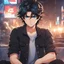 Placeholder: (masterpiece), (anime style), award winning, close up, centered, headshot, looking toward camera, messy black hair, young man, blue eyes, modern intricate background, dynamic lighting, depth of field, ultra detailed, (epic composition, epic proportion), 2D illustration, professional work, black clothes