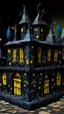 Placeholder: A black vampire castle in space designed in Oaxacan alebrijes painted by Vincent van Gogh