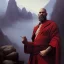 Placeholder: Portrait of a monk, red robe, mountain background, fog, face front, grimdark, Frank Frazetta, Greg Rutkowski, hyperdetailed, dnd, trending on Artstation, Splash screen art, dynamic lighting, hyperdetailed, intricately detailed, a masterpiece, 8k resolution, high contrast, bearded,