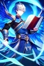 Placeholder: a person in runic armor with blue wings, blue short hair, runic tattoo and spell book, male