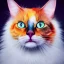 Placeholder: fluffy patched multicolored cat portrait in extremely dramatic light, cartoony style and beautiful big eyes