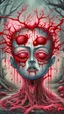 Placeholder: Quintessential Horror Surrealism:A a pretty girl face , dimensional fission through Seedream 3D recursive rendering, fracturing into chaos Legion Doodle simultaneous nightmare realities while simultaneously occupying four perforated reality levels—manifests as a blood-drenched forest where trees weep crimson sap and bioluminescent fungi pulse with recursive Fibonacci patterns, surrounded by carnivorous flowers with fanged mouths dripping neon venom; mat