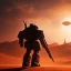 Placeholder: volumetric desert environment, Ralph McQuarrie style painting of an armored gundam with gun, floating in the air, highly detailed, renderman, duststorm at sunrise