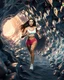 Placeholder: make a picture pretty cave made of crystal and metallic 3d fractal recursive cubic and sphere base structures and a beautiful fashion model lady with cute,curvy long hair,makeup, in pretty sports suit is running inside cave ,dynamic camera fallow her inside cave capturing full body, dynamic lights.