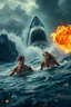 Placeholder: 18-year-old Scott Kendall and 15-year-old Judi Ott emerging from a tumultuous sea amidst a stormy backdrop, with a great white shark looming about to attack, a conflagration of fire and explosive effects, ambient lighting, professional composition, infused with a mix of elegance and futuristic aesthetics, ultra-realistic, mystical undertones, sharp focus capturing every water droplet and flame, rational placement of subjects within a cinematic frame, epic atmosphere,