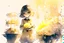 Placeholder: double exposure, flower shop, cute chibi salesgirl in flower uniform in sunshine, watercolor and black ink outlines, sparkling golden glitter, ethereal, cinematic postprocessing, bokeh, dof