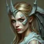 Placeholder: a portrait of an attractive blonde fantasy woman who is half human and half gargoyle, her face is partially made of stone