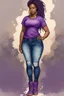 Placeholder: Create a watercolor image of a curvy black female wearing tight cut up jeans and a purple tshirt with timberland boots. Prominent make up with hazel eyes. Highly detail dread locs