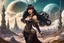 Placeholder: exotic sci-fi steampunk pin-up girl, with long dark hair with bangs, on an alien planet with cloud trees, tall spires, buildings, bridges, arches, photorealistic