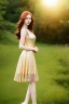 Placeholder: full shot body of very beautiful Woman with pale skin makeup , green eyes, long auburn hair, and high fashion sexy model gold dark lace dress , nice sport shoes. country side ,river ,country houses ,sharp focus