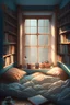 Placeholder: Room , four beds , students , sleeping , tablet , cup of coffee , books , big window