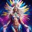 Placeholder: photorealistic full body portrait of a beautiful smiling amazonian carnival goddess with long parma white hair, colorful feathers tight hips with a tron like body suit in a cosmic surounding only blue , pink and yellow