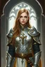 Placeholder: draw a young white female cleric from dungeons and dragons. long honey brown hair and brown eyes. wearing silver and gold cleric armor with a symbol of a gauntlet on the chest. Standing inside of a religious altar in a shrine. Realistic oil painting artstyle.