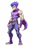 Placeholder: Anime man side character with magnetic abilities, too small muscles, aged 23, purple hair , wearing a purple superhero suit