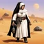 Placeholder: Princess Leia as a tattooed gangsta nun in her iconic Tatooine outfit, her Jawa friend is on her side, they are fierce and ready to fight