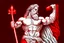 Placeholder: Detailed and realistic illustration of Greek god Zeus holding a red bold in het left hand and white bold in right hand. Detailed, Strong, Powerful.