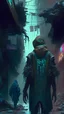 Placeholder: humans without hands in the slums of cyberpunk city, Show them facing the dangers of being robbed for parts as they navigate through the decaying environment, 4k, digital art