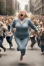 Placeholder: an obese terrified blonde woman crying and sobbing in a pant suit desperately running away from an angry mob of thousands of kids chase her down a city street throwing books at her