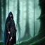 Placeholder: Male, Dark hair, Digital Art, Bow in hand, Hooded Cloak, Dark Forrest background