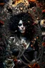 Placeholder: abstract creation of a beautiful woman with black curly hair, surrounded by black roses, thick metal chain broken, glass petals on the ground, autumn colours,dried out thorn bush, chaos,