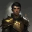 Placeholder: For DND character portrait: Aasimar male, in shining armour. Ghostly halo above his head. Short hair. He is about 30 years old. Dark hair, and black and gold armour. Even shorter hair.