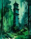 Placeholder: A bluish green tower in a toxic jungle painted by Lyonel Charles Feininger